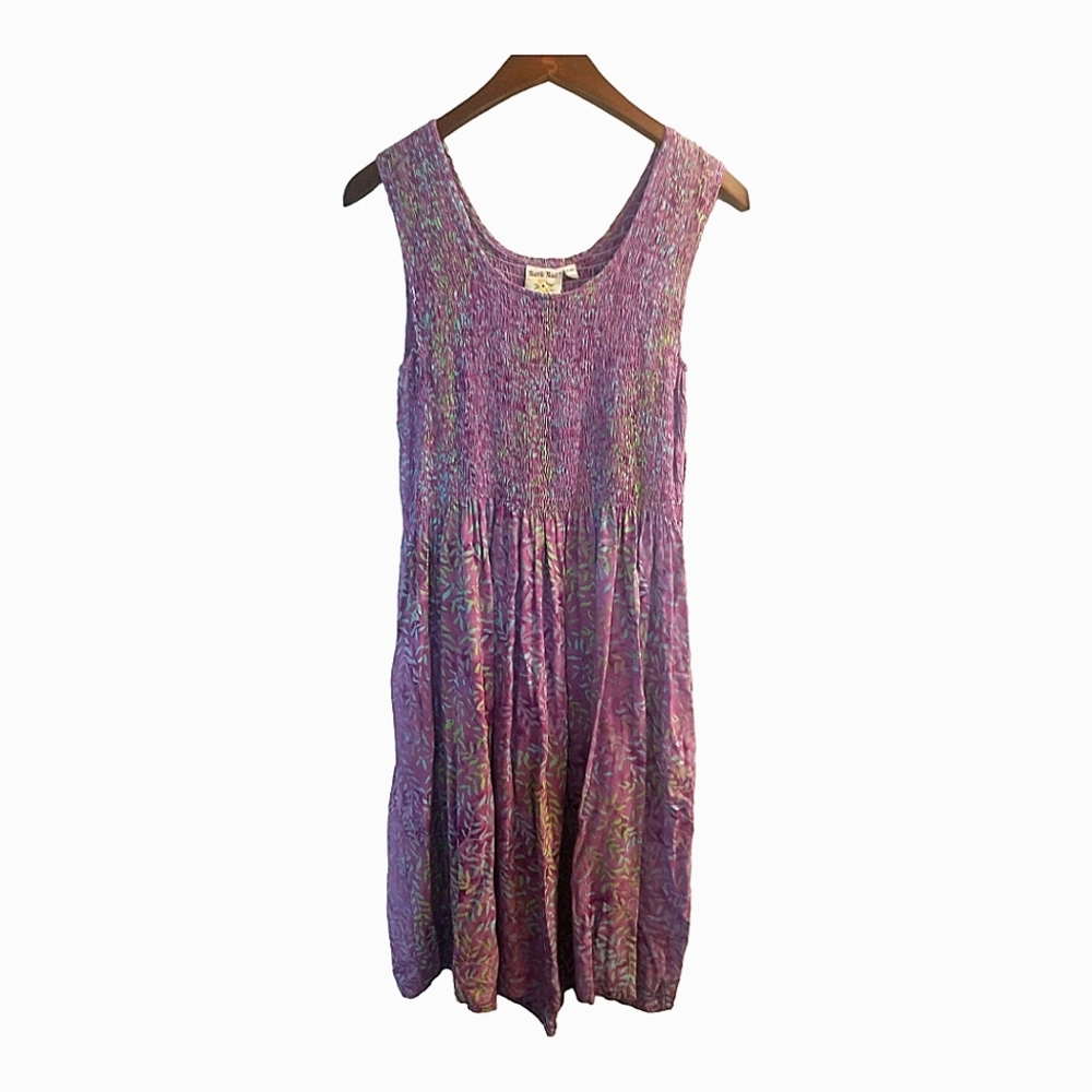Purple Batik Bali Mid Length Dress with Blue and Green Printed Leaves Size S/M